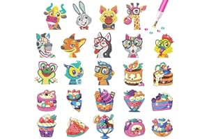MEIEST 24 DIY Diamond Painting Stickers Kits for Kids,5D Gem Mosaic Stickers Paint by Numbers Set for Children,Creative Handmade Craft Gifts (Animals+Cake)