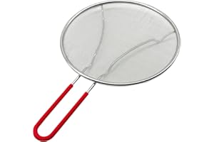 MAKREL® Premium Stainless Steel Splatter Screen Guard Extra Fine Mesh Frying Pan Cover. Protect from Hot Oil & Grease Splash When Cooking and Frying (Red Handle, 25cm)