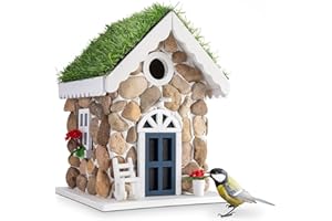 GARDIGO Nid au Style de Maison en Pierre I Cabane à Oiseaux Décorative à Suspendre I Ornée de Vraies Pierres I Nichoir avec Entrée de 30mm I Maison d'oiseaux pour Jardin, Balcon, Terrasse.