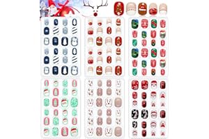 EBANKU 6 piezas Navidad Uñas Postizas para Niños, Artificial Pegatinas Adhesivas Cortas de Cubierta Completa Lindas Uñas para Niñas, Decoración Uñas DIY（ árbol de Navidad, Muñeco de Nieve, Papá Noel）