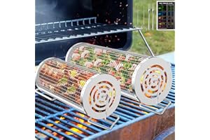 JOKAPY 2Pcs Rolling Grill Baskets, Rolling BBQ Basket with Fork, Instructions, Stainless Steel Barbecue Cage BBQ Accessories Set, Portable Wire Rolling Grill Rack for Outdoor Camping and Picnic