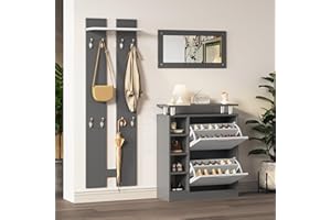 Ymkua Garderobenset Wandgarderobe Set, Flurgarderobe Set mit Spiegel, 2 Wandpaneelen, Einer Regalwand und Schuhschrank, Garderoben Set, Wandgarderobe, Flurmöbel, Flurgarderobe, 80x25x96.5 cm (Grey)