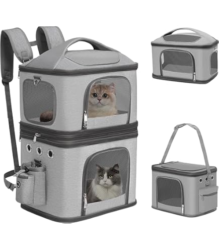 Kattenrugzak voor 2 katten, hondenrugzak, dubbel vak, kattentransport, rugzak tot 12 kg, draagtas voor 1 of 2 huisdieren, grijs Kattenrugzak voor 2 katten, hondenrugzak, dubbel vak, kattentransport, rugzak tot 12 kg, draagtas voor 1 of 2 huisdieren, grijs