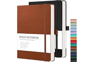 RETTACY Notepad A5 Lined 2 Pack - Leather Journal with 376 Numbered Ruled Pages, Hardcover Notebook,2 Free Sticky Notes Divider,8 Perforated Sheets, Pen Loop, Inner Pocket, 14.5 x 21cm（Black Brown）