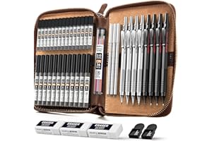 Nicpro 45 pièces porte mine en métal noir et argent avec étui en cuir, porte-mines de 0,5, 0,7, 0,9 mm et 2 mm pour croquis et dessin, avec 27 tubes de recharges (couleurs 6B, 4B, 2B, HB, 2H, 4H)