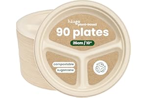 HAAGO - 90 Platos Desechables - Biodegradables de Caña de Azúcar de 3 Secciones (26 CM) - Platos Ecológicos de Bagazo - Perfectos para Reuniones, Celebraciones, Eventos de Grupo y Fiestas