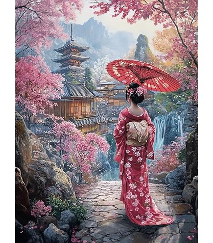 HKLIOPU Kruissteek Stikpakket 11CT Borduurset Japanse Geisha Volwassen Kruissteek, DIY Borduurbeelden Voorgedrukt Kruissteek voor Beginners Home Decor