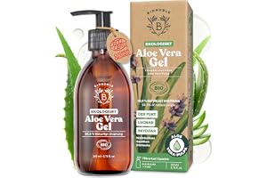 BIONOBLE Ekologiskt Aloe Vera-Gel 97% Rent - Solbränna, Hud, Hår - 200ml | 98,8% Naturligt Ursprung, Snabbabsorberande - Vegan Aloe Vera Gel med Eterisk Lavendelolja - Glasflaska med Pump
