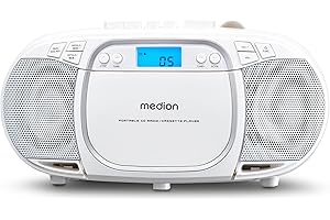 MEDION E66476 Stereo Sound System (Boombox, Lecteur CD, MP3, Cassette, Lecteur de Cassette Portable pour Enfants, Radio FM, AUX, écouteurs, Secteur & Batterie) Blanc