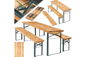 TecTake® Set da Birreria 3 Pezzi, Tavolo da Giardino Pieghevole con Panche, Struttura in Acciaio Laccata e Ripiano in Abete, Dimensioni Tavolo 177x46x77 cm, Panche 177x23x46 cm, Arredo Giardino