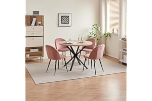 GrandCA HOME Conjunto de Mesa y Sillas de Comedor, Mesa Redonda de 100 cm y 4 Sillas de Terciopelo Nórdico, Ideal para Salón, Comedor y Cocina (Veta de Madera Clara + Rosa)