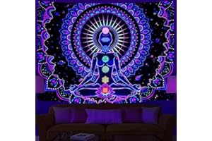Ulticool – Mandala Chakra – Glow in the Dark – Arazzo da parete con luce nera sotto i raggi UV reattiva, nero neon light – Blacklight psichedelico al buio – 200x150 cm