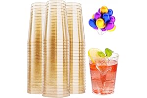 Pecewlos 50 vasos de sidra con purpurina dorada, copas vino plastico reutilizables de 300 ml, elegantes copas de vino para fiestas, champán, cerveza, cócteles, martini, refrescos, postres (10,5 x 7,5
