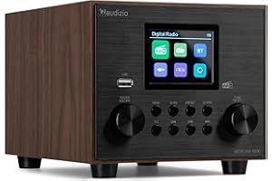 Audizio Vieste - Radio Dab+/FM con Bluetooth, subwoofer Integrado, Despertador Dual, USB, Temporizador, 20 presintonías, Altavoz estéreo, Acabado Madera y Negro