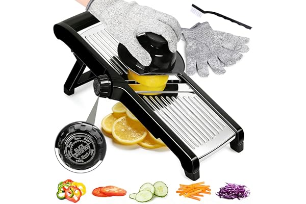 Mandoline Cuisine, Masthome Coupe Legume Multifonctions, Mandoline Réglable en Acier Inoxydable avec Protège Main et Gants de Sécurité, Découpeur de Légumes pour Fruits Légumes