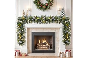 SHareconn 9FT(2.7M) Pre-Lit Artificial Christmas Garland, with Red Berries and Pine Cones, with Warm White & Multi-Color Lights with Timer Function, for Christmas Stairs and Christmas Fireplace, Snow