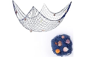 Creaher Fischernetz Deko 150 x 200 cm Fischernetz Deko, Blau Fischernetz Deko mit 9 Muscheln, Baumwolle Deko Netz Fischernetz für Fotowand, Zimmer Dekoration