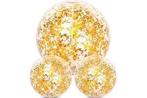 YEAMLTE Glitter Ballon de Plage Gonflable, 3 PCS Transparent Sequin Ballon Gonflable Plage, Confetti Beach Balls Piscine, pour Les Fêtes D'été Sur la et à la Piscine (or)