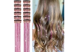 CWAWF 12Pcs Clip in Hair Tinsel Kit, 20.5 Inch Pink Glitter Heat Resistant Hair Tinsel Extensions Fairy Hair with Clips on, Sparkle Strands Festival Gift Party Dazzle Hair Accessories for Women Girls