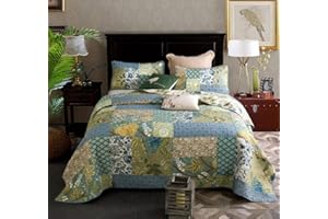 Qucover Narzuta bawełniana 220 x 240 cm, luksusowa patchworkowa narzuta na łóżko z 2 poszewkami na poduszki 50 x 70 cm w kwiatowy wzór, drukowana kołdra duża luksusowa dekoracja ręcznie robiona