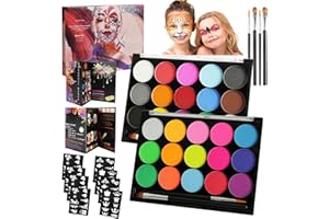 URAQT Kit de Pintura Facial, Pintura Facial de 15 Colores y Pintura UV de Neón de 15 Colores con 2 Pinceles, 80 Plantillas, Pintura Corporal Segura Lavable para Adultos, Niños, Fiesta de Halloween