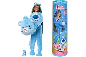 Barbie Cutie Reveal Care Bears Muñeca de moda y accesorios, incluye un disfraz del osito Quejoso y 10 sorpresas, incluidos el cambio de color y un osito en miniatura, JCN96