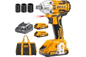 Ingco Clé à Chocs Sans Fil Brushless 20V,avec 2 batteries 2.0Ah, 1 chargeur, 3 prises(17/19/21 mm),1/2 pouce, 300NM,CIWLI2001