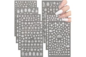 BETESSIN 8 Feuilles Noël Autocollant Sticker Nail Ongle Auto-adhésif Décalque de Transfert Flocon de Neige Renne Cloches Blanc Stickers Pochoir Décoration DIY Manucure Pour Soirée Fête Anniversaire