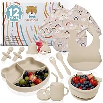 Feelhap Coffret Repas Bébé 9 Pièces Vert - Assiette Ventouse Silicone Antidérapante Avec Accessoires