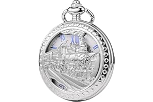 TREEWETO Antique Mens Pocket Watch Skeleton Mechanical Hollow Bronze Case 3D Steam Train Railroad Roman Numerals