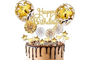 BOYATONG 17 Stück Tortendeko Gold,Tortendeko Geburstagstorte,Happy Birthday Kuchendeko,Glitter Cake Topper Happy Birthday,Cupcake Topper mit Sternen Liebe Konfetti-Luftballons und Papierfächer