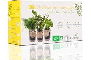 CULTIVEA® Kit Prêt à Pousser d’Herbes Aromatiques – Graines 100% Bio - Made in France – Jardin potager d’intérieur – Plante (Aneth, Sauge, Basilic Citron) - Idée Cadeau