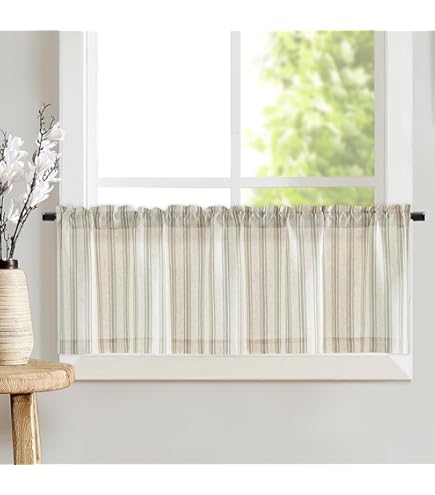 TOPICK Gestreepte Korte Keukengordijnen Linnen Café Gordijnen 45,7 cm Valance Lichtfilterende Transparante Gordijnen voor Kleine Raam Farmhouse Badkamer Wasruimte 1 Paneel Blauwe Streep