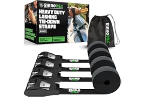 Rhino USA Tie Down Lashing Straps (4PK) - 500 kg Guaranteed Max Break Strength - Includes (4) Heavy Duty 2.5 cm x 3.6 m Pull Cam Buckle Straps - Best for Securing Cargo, Kayak, Cooler, Roof Rack, Etc