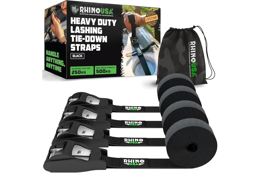 Rhino USA Tie Down Lashing Straps (4PK) - 500 kg Guaranteed Max Break Strength - Includes (4) Heavy Duty 2.5 cm x 3.6 m Pull Cam Buckle Straps - Best for Securing Cargo, Kayak, Cooler, Roof Rack, Etc