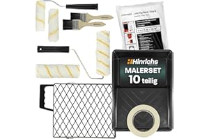 Hinrichs Malerset Streichen 10-teilig - Farbroller Set mit Farbwanne, Abstreifgriff, Abdeckplane, Kreppband, Pinsel, Farbroller Wandfarbe, Steckbügel - Streichen Zubehör - Maler Roller Set