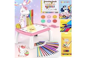 BuzzoXerex Proyector Dibujo Niños, 48 Piezas Mesa Dibujo Proyección Niños con 48 Motivos, Cuaderno de Dibuji, Libro de Pegatinas, Rotuladores de Colores para Niño de 3-10 Años (Rosado)