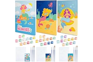 BONNYCO Dipingere Con I Numeri Bambini Sirene, 3 Pezzi Tele Sirena Bambina Bambino Kit Lavoretti Creativi per Bambini, Paint by Numbers Quadri da Dipingere Numerati | Regalo Bambina Giochi Bambina