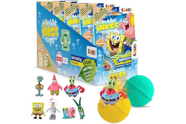 INKEE Bob l'Éponge - Pack de 5 boules de bain avec surprise à l'intérieur, 5x Figurines Bob l'éponge à collectionner - Boules de bain enfant 5x 80g, parfum bonbon burger, huile de Jojoba