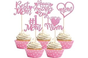 SYKYCTCY 30 Pack Happy Mother's Day Cupcake Toppers Glitter Heart I love you Mom Cupcake Picks Best Mom Cake Decorations for Happy Mother's Day Theme Women Birthday Party Supplies Pink