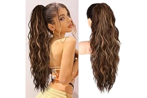 Brikabia Ponytail Extension, 66cm Lange Zopf Pferdeschwanz Haarverlängerung Beach Gewellt Natürliches Clip in Pferdeschwanz Haarteil Kunsthaar für Damen, Kastanienbraun mit goldenen Reflexen