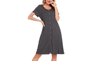 Lovasy Camicia da Notte Donna Manica Corta Sexy Abito da Notte Estiva con Bottoni Un Pezzo Pigiama Curvy Premaman Allattamento con Tasche