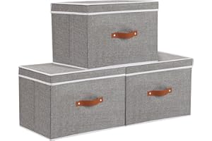 YheenLf 3 Pezzi Scatole con Coperchio, Scatole Portaoggetti Pieghevoli, Cubo di Stoccaggio in Tessuto con Manici, per Vestiti da Letto a Casa,Ufficio,Scuola, Grigio, 38x25x25cm