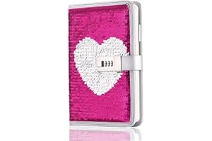VIPbuy A5 Taccuino di Paillettes Reversibile Diario Segreto con Codice Lucchetto in Metallo Quaderno Copertina Rigida Festival Regalo per Donna Bambina Ragazza (Cuore Rosa) (amore)
