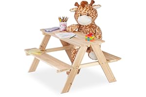 Relaxdays Mobiliario Infantil para jardín, Mesa de pícnic de Madera, 50 x 90 x 78 cm, Marrón