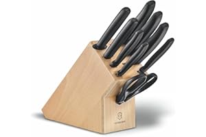 VICTORINOX Bloc Porte-Couteaux Swiss Classic en Bois, 9 Pièces dont 8 Couteaux et 1 Paire de Ciseaux Universels, Rangement, Bois de Hêtre Clair