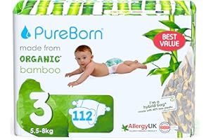 PureBorn Couches Écologiques en Bambou, Taille 3 (5,5-8 kg), 112 pièces, Hypoallergénique, Ultra Douces, Imprimé Assorti, Indicateur d'humidité