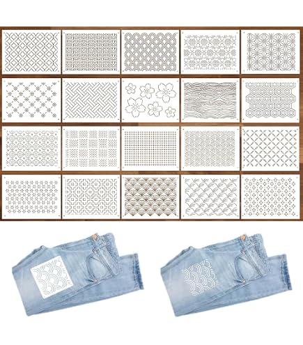 FREEBLOSS Set di 12 Stencil Sashiko Giapponesi per Ricamo - Modello in Plastica per Disegno e Motivi