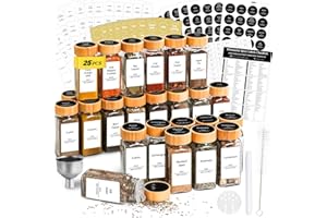 BATHOLA Bamboo Lid Spice Jars 25Pcs with 512 Spice Labels, 120ml Square Spice Storage, Seasoning Jars with Spread Insert, Chalk Stiff, Funnel and Brush (Black Round & White Rectangle Labels)