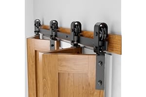 SANKEYTEW Kit de herrajes para puerta corredera de granero de 131,1 cm para puerta de armario doble plegable, rodillo resistente para un deslizamiento suave y silencioso, fácil instalación, negro